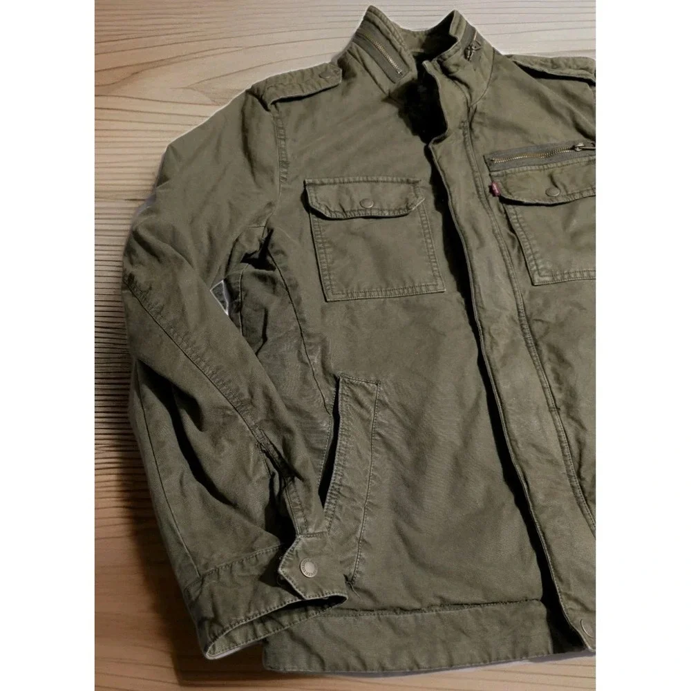 Levis Mens Sherpa Lined Military Field Jacket Olive Green Cotton Canvas Medium - Picture 8 of 8